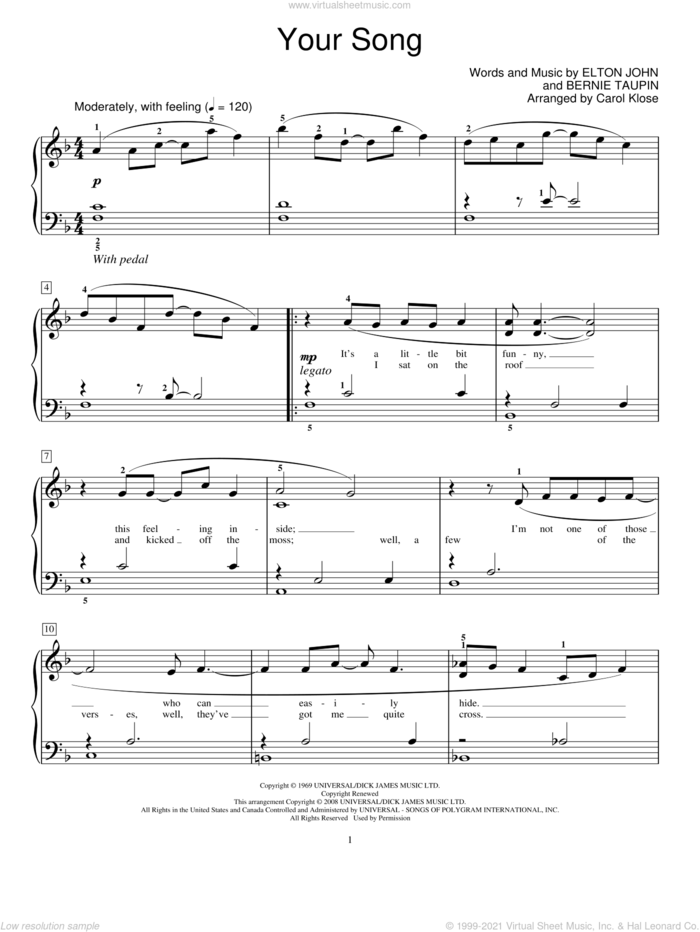 Your Song sheet music for piano solo (elementary) by Elton John, Carol Klose, Miscellaneous and Bernie Taupin, wedding score, beginner piano (elementary)