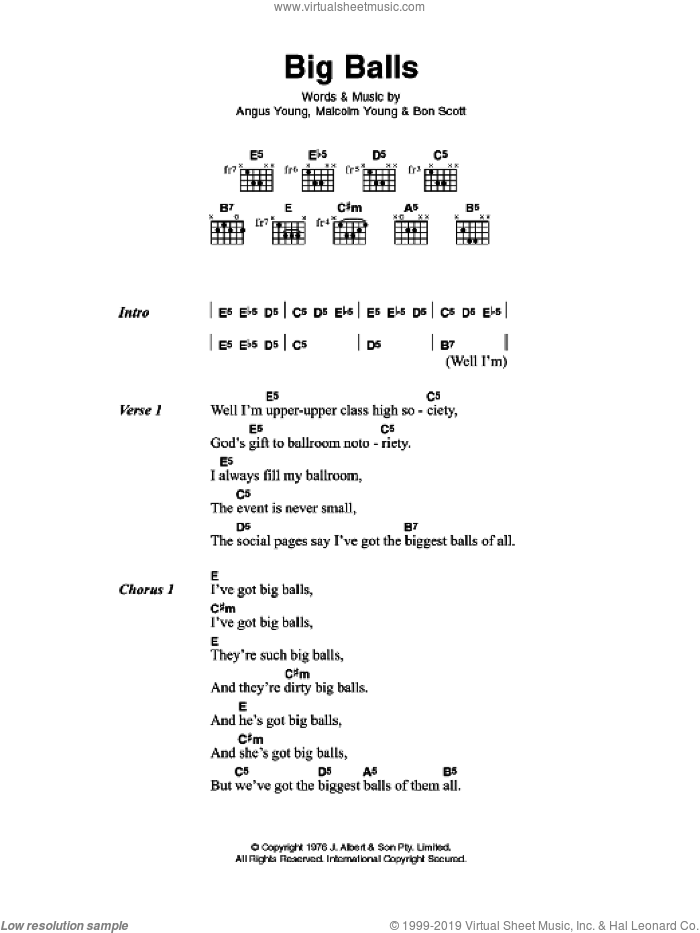 Big Balls sheet music for guitar (chords) by AC/DC, Angus Young, Bon Scott and Malcolm Young, intermediate skill level