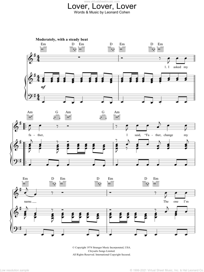 Lover Lover Lover sheet music for voice, piano or guitar by Leonard Cohen, intermediate skill level
