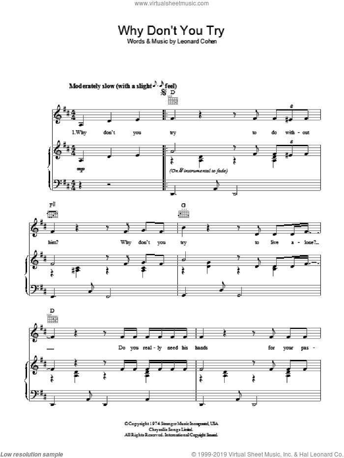 Why Don't You Try sheet music for voice, piano or guitar by Leonard Cohen, intermediate skill level