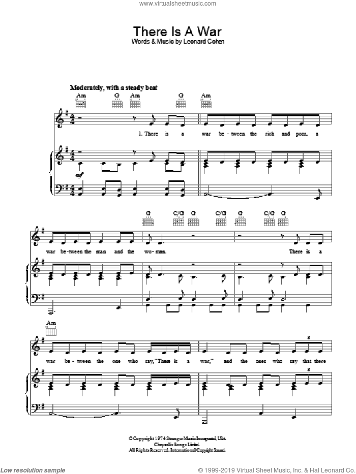 There Is A War sheet music for voice, piano or guitar by Leonard Cohen, intermediate skill level