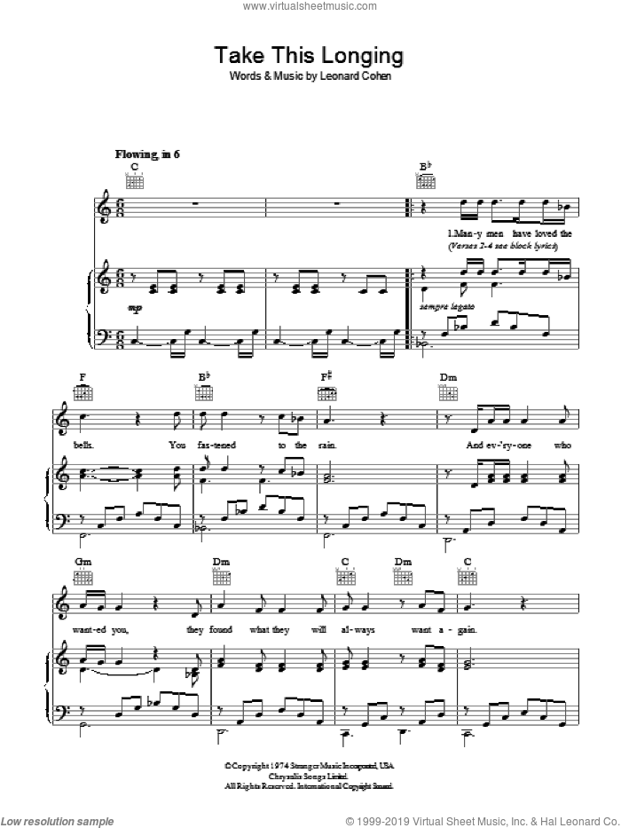Take This Longing sheet music for voice, piano or guitar by Leonard Cohen, intermediate skill level