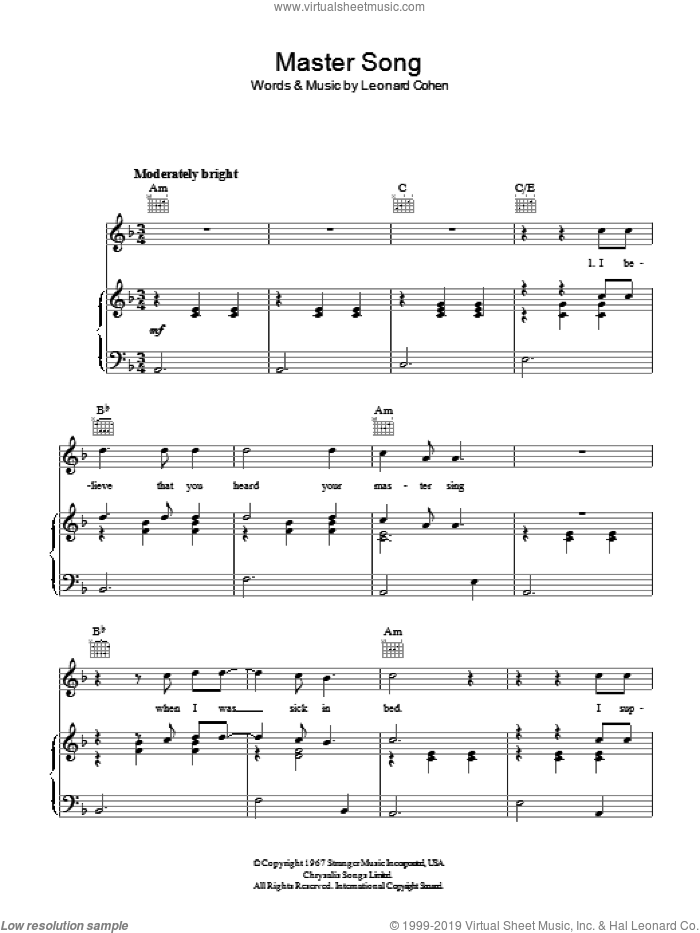Master Song sheet music for voice, piano or guitar by Leonard Cohen, intermediate skill level