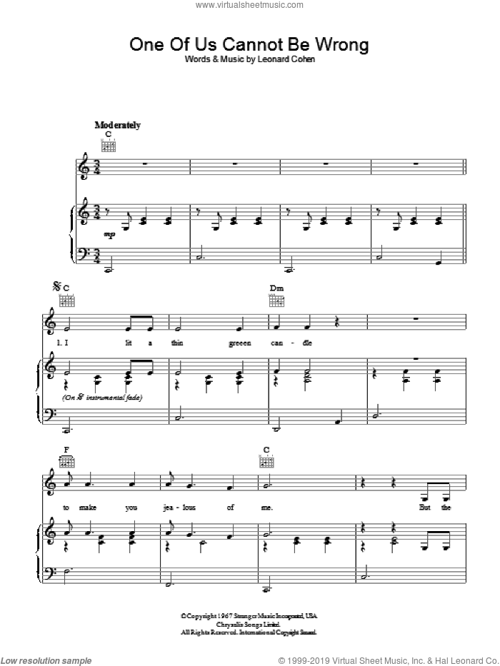 One Of Us Cannot Be Wrong sheet music for voice, piano or guitar by Leonard Cohen, intermediate skill level