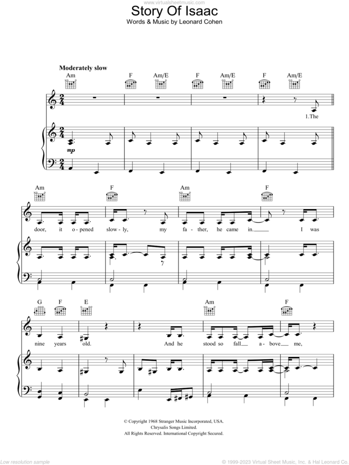 Story Of Isaac sheet music for voice, piano or guitar by Leonard Cohen, intermediate skill level
