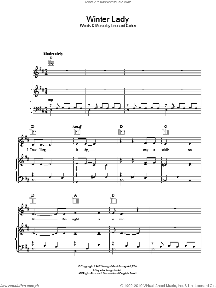 Winter Lady sheet music for voice, piano or guitar by Leonard Cohen, intermediate skill level