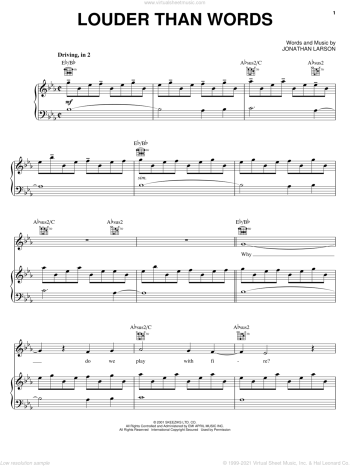 Louder Than Words (from tick, tick... BOOM!) sheet music for voice, piano or guitar by Jonathan Larson and Tick, Tick...Boom! (Musical), intermediate skill level