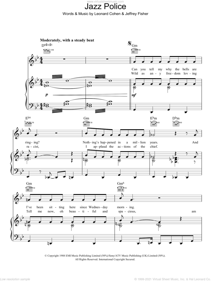 Jazz Police sheet music for voice, piano or guitar by Leonard Cohen and Jeffrey Fisher, intermediate skill level