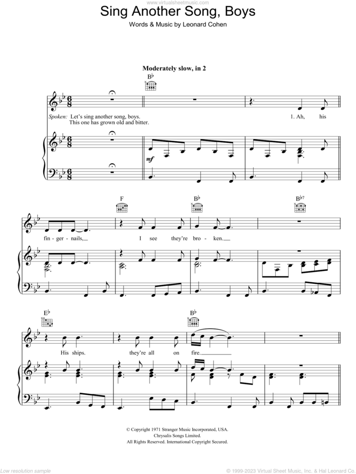 Sing Another Song, Boys sheet music for voice, piano or guitar by Leonard Cohen, intermediate skill level