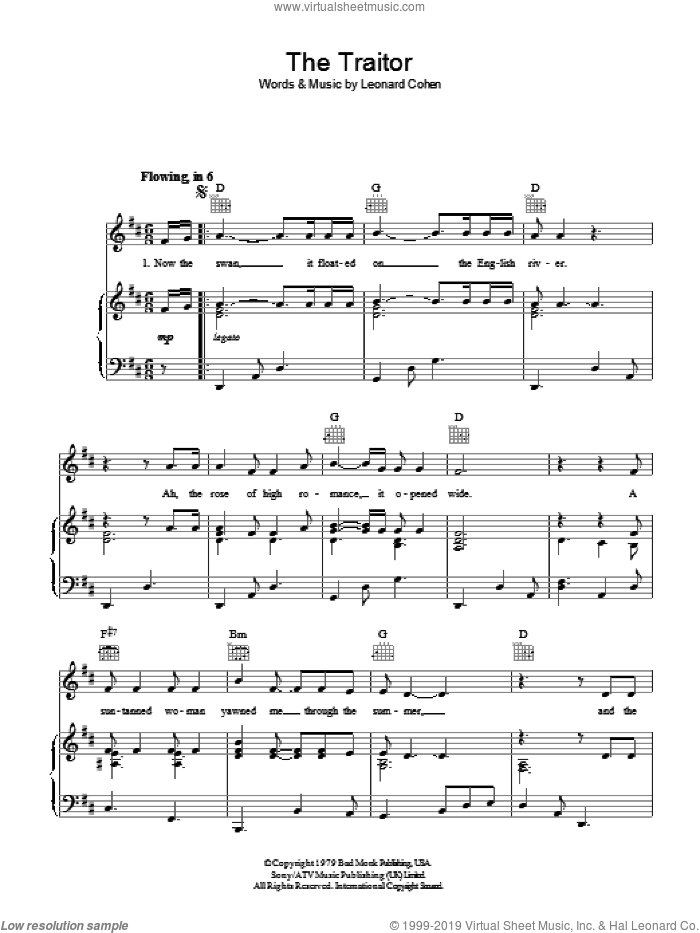 The Traitor sheet music for voice, piano or guitar by Leonard Cohen, intermediate skill level