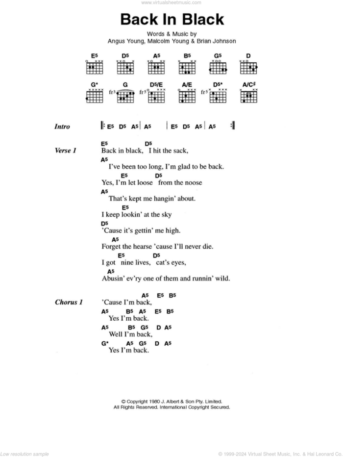 Back In Black sheet music for guitar (chords) by AC/DC, Angus Young, Brian Johnson and Malcolm Young, intermediate skill level