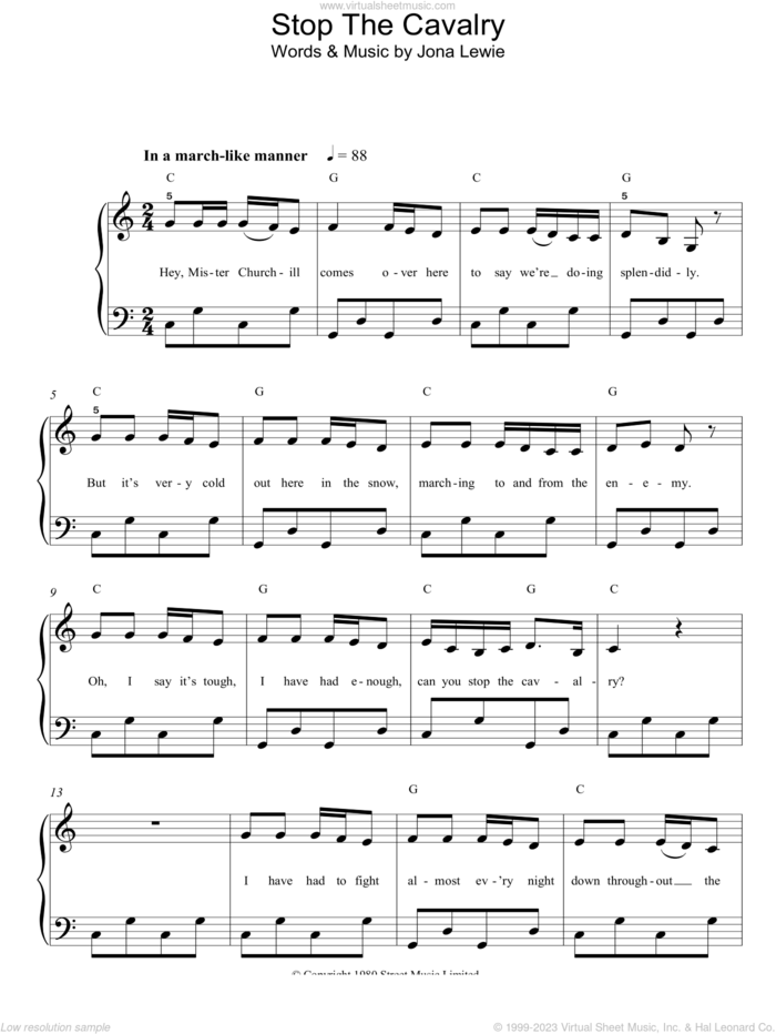Stop The Cavalry sheet music for piano solo by Jona Lewie, easy skill level
