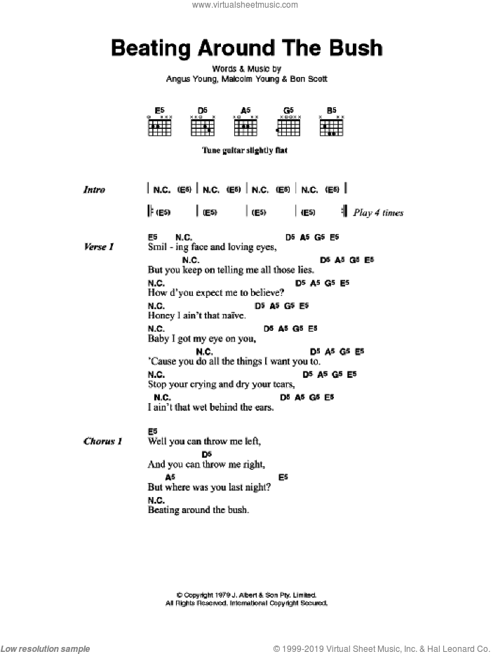 Beating Around The Bush sheet music for guitar (chords) by AC/DC, Angus Young, Bon Scott and Malcolm Young, intermediate skill level