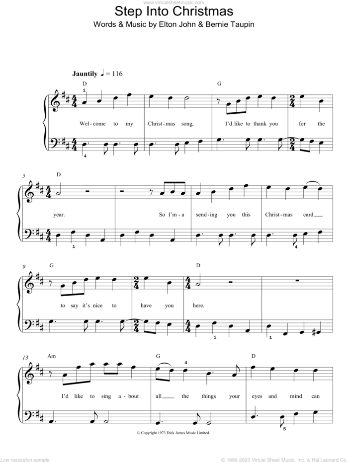 Step Into Christmas, (easy) sheet music for piano solo by Elton John and Bernie Taupin, easy skill level