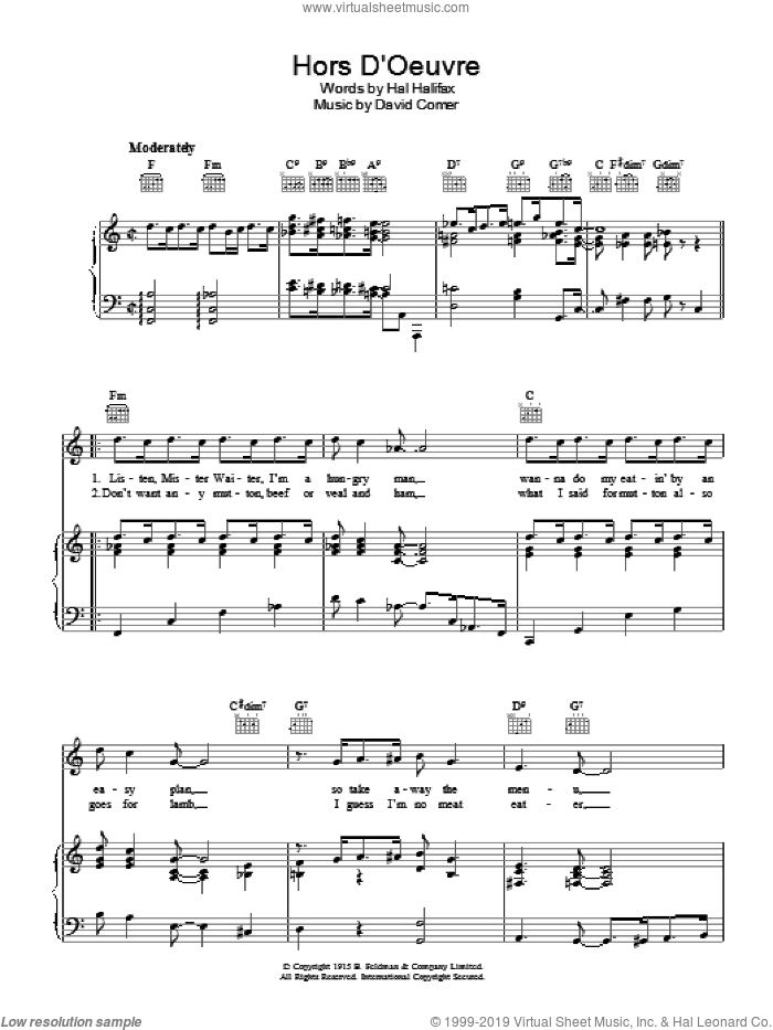 Hors D'Oeuvre sheet music for voice, piano or guitar by David Comer, intermediate skill level