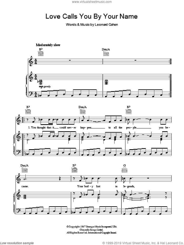 Love Calls You By Your Name sheet music for voice, piano or guitar by Leonard Cohen, intermediate skill level