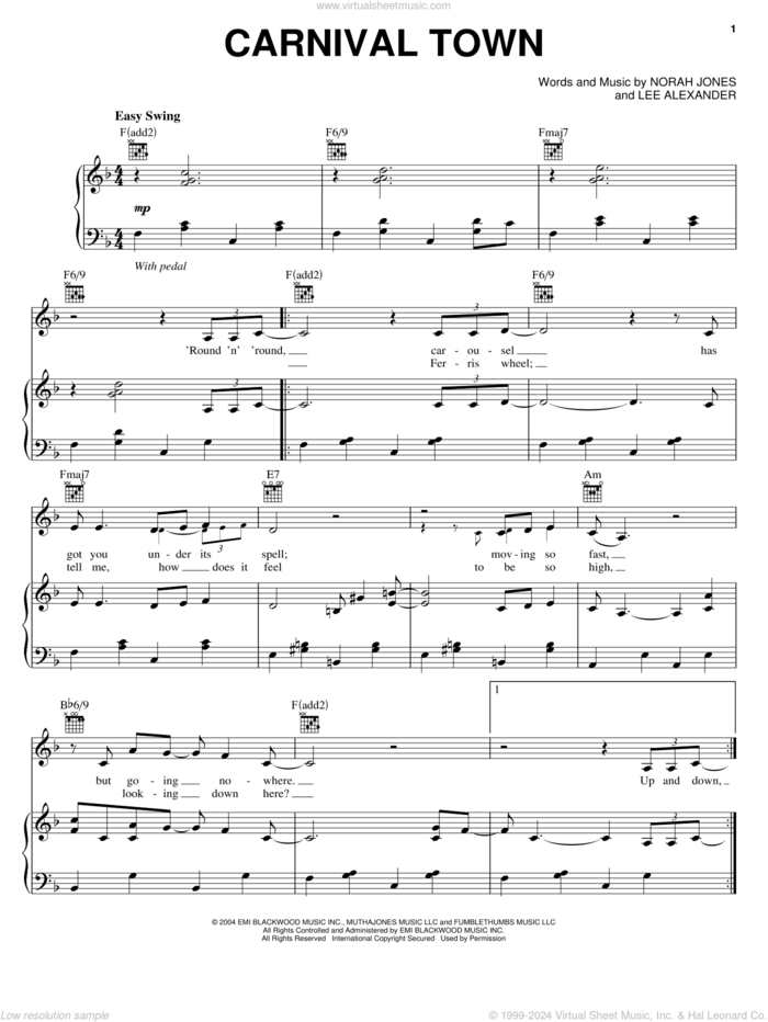 Carnival Town sheet music for voice, piano or guitar by Norah Jones and Lee Alexander, intermediate skill level