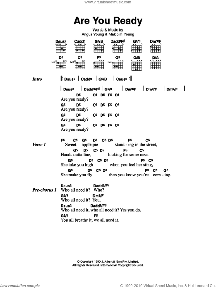 Are You Ready sheet music for guitar (chords) by AC/DC, Angus Young and Malcolm Young, intermediate skill level