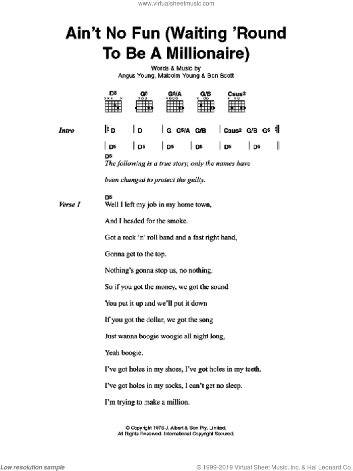 Ain't No Fun (Waiting Around To Be A Millionaire) sheet music for guitar (chords) by AC/DC, Angus Young, Bon Scott and Malcolm Young, intermediate skill level