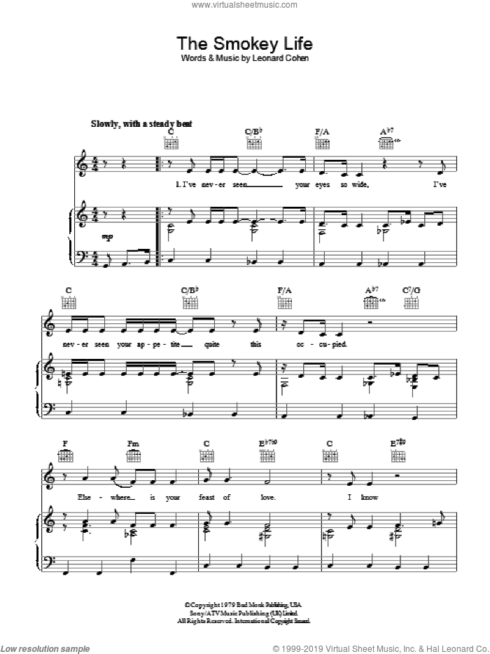 The Smokey Life sheet music for voice, piano or guitar by Leonard Cohen, intermediate skill level