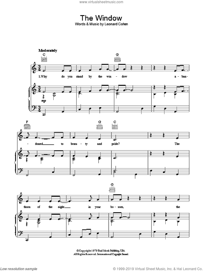 The Window sheet music for voice, piano or guitar by Leonard Cohen, intermediate skill level