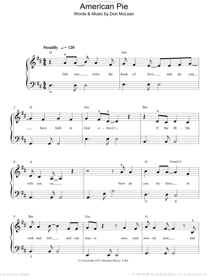 American Pie sheet music for piano solo by Madonna and Don McLean, easy skill level