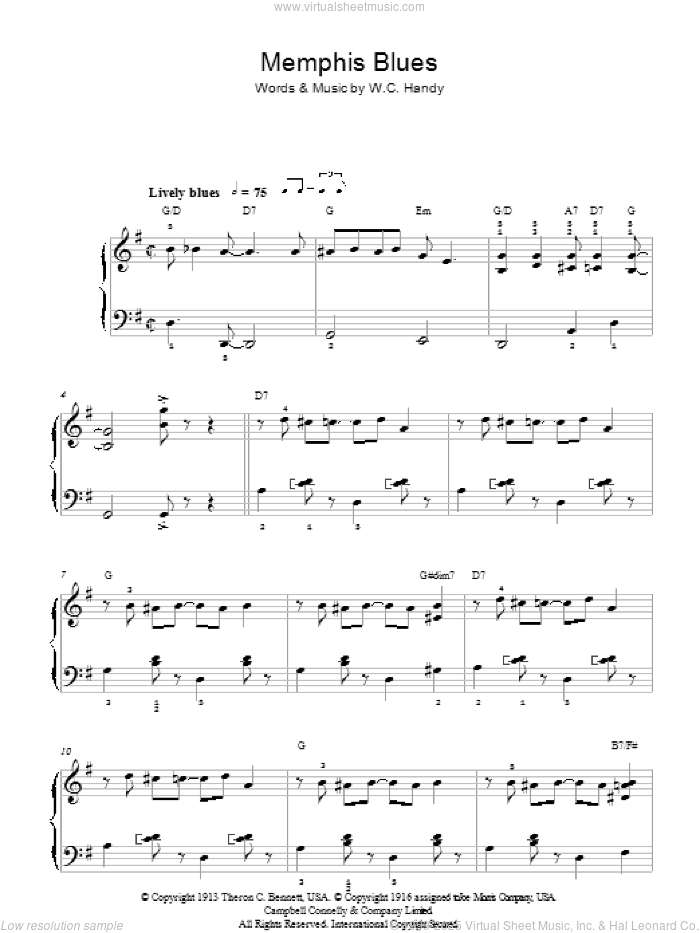 Memphis Blues, (easy) sheet music for piano solo by W.C. Handy, easy skill level