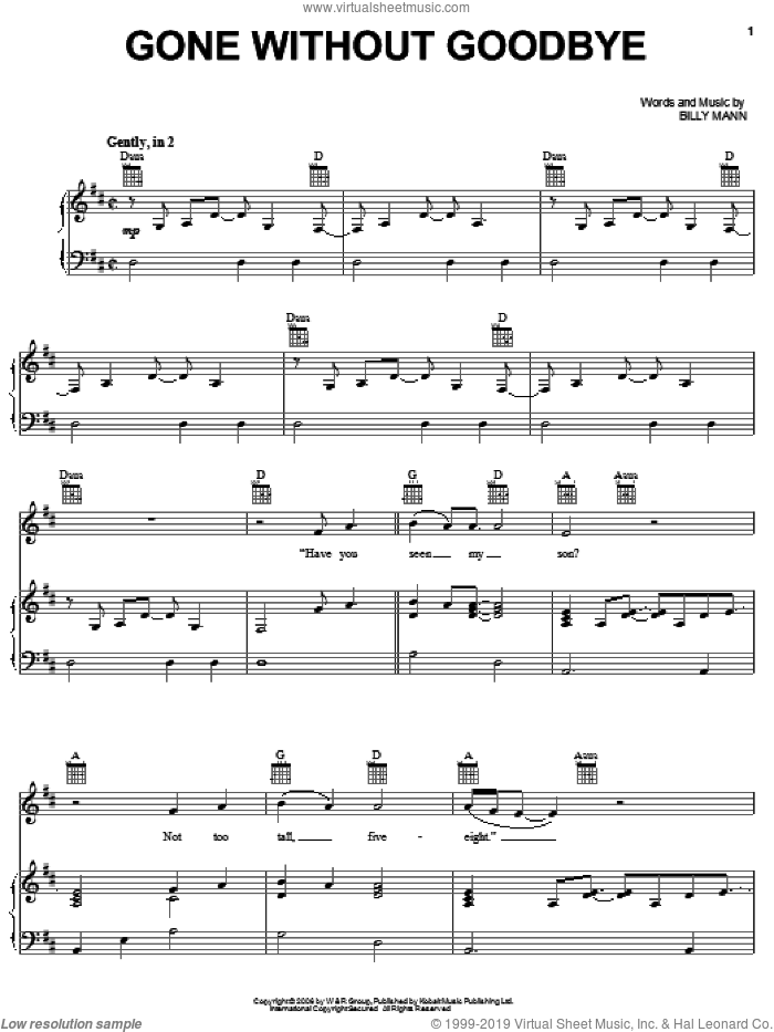 Gone Without Goodbye sheet music for voice, piano or guitar by Brian Littrell and Billy Mann, intermediate skill level