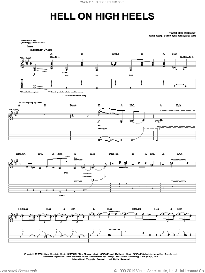 Hell On High Heels sheet music for guitar (tablature) by Motley Crue, Mick Mars, Nikki Sixx and Vince Neil, intermediate skill level