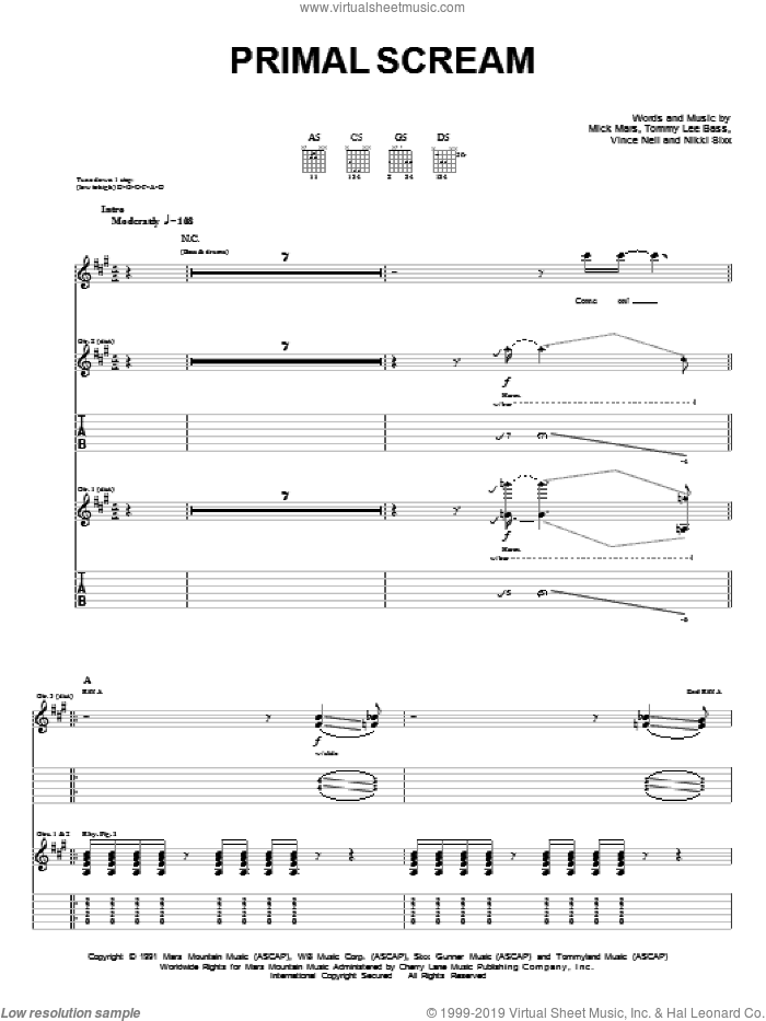 Primal Scream sheet music for guitar (tablature) by Motley Crue, Mick Mars, Nikki Sixx, Tommy Lee and Vince Neil, intermediate skill level