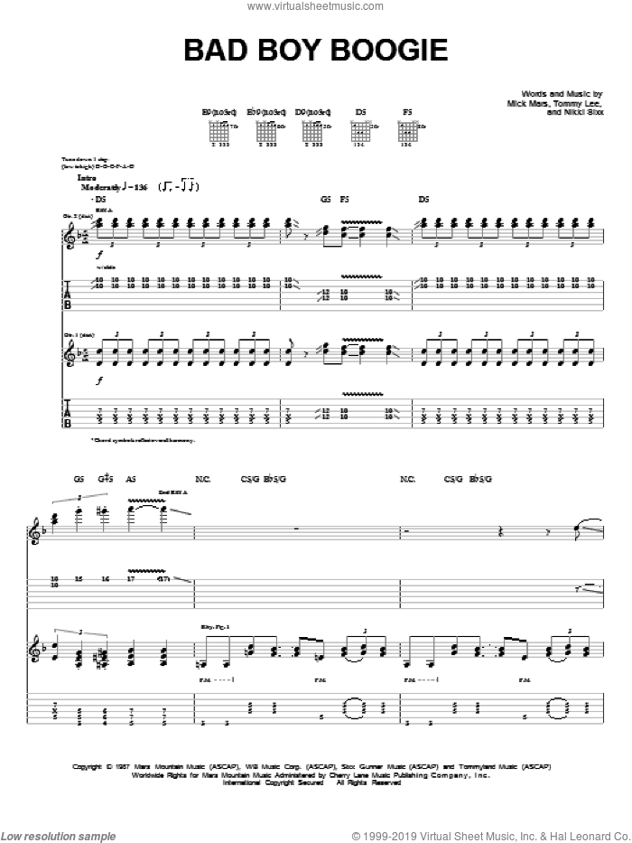 Bad Boy Boogie sheet music for guitar (tablature) by Motley Crue, Mick Mars, Nikki Sixx and Tommy Lee Bass, intermediate skill level