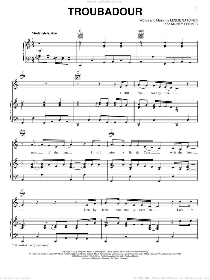 Troubadour sheet music for voice, piano or guitar by George Strait, Leslie Satcher and Monty Holmes, intermediate skill level