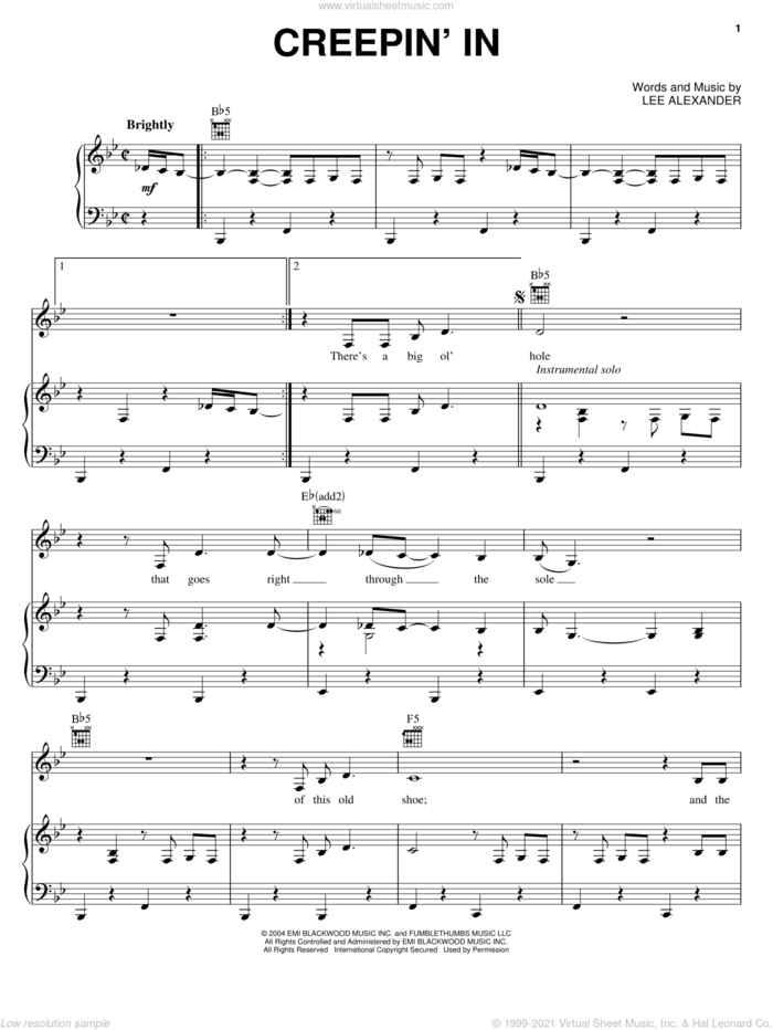 Creepin' In sheet music for voice, piano or guitar by Norah Jones and Lee Alexander, intermediate skill level