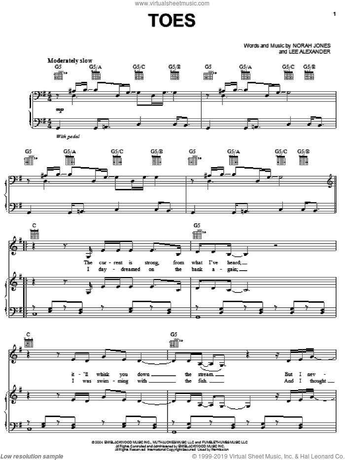 Toes sheet music for voice, piano or guitar by Norah Jones and Lee Alexander, intermediate skill level