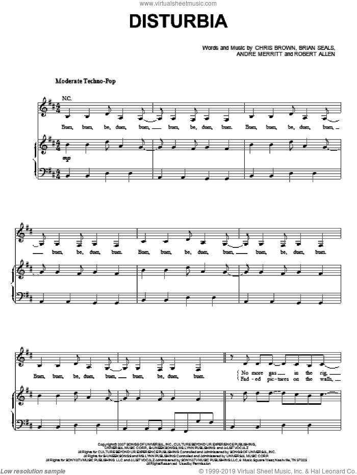 Disturbia sheet music for voice, piano or guitar by Rihanna, Andre Merritt, Brian Seals, Chris Brown and Robert Allen, intermediate skill level