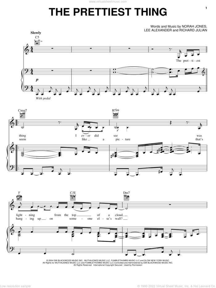 The Prettiest Thing sheet music for voice, piano or guitar by Norah Jones, Lee Alexander and Richard Julian, intermediate skill level