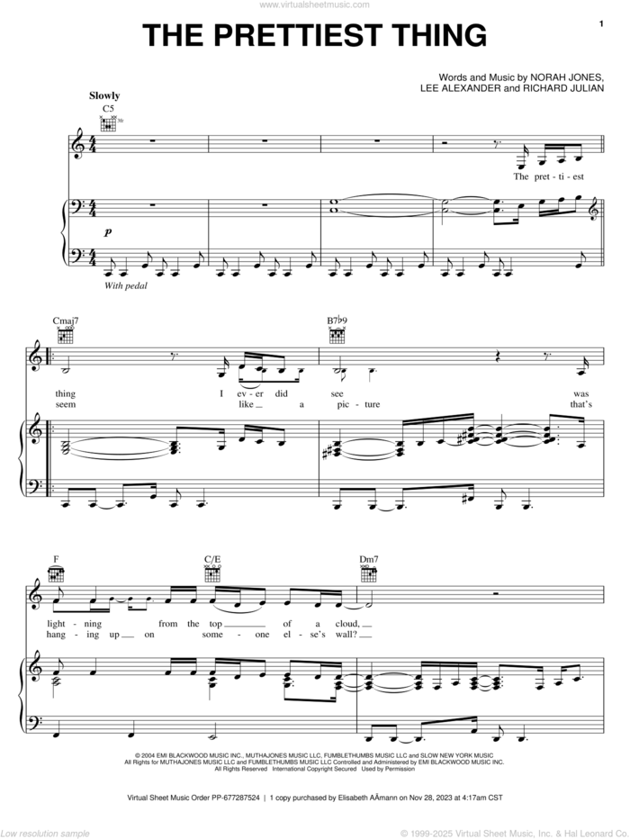 The Prettiest Thing sheet music for voice, piano or guitar by Norah Jones, Lee Alexander and Richard Julian, intermediate skill level