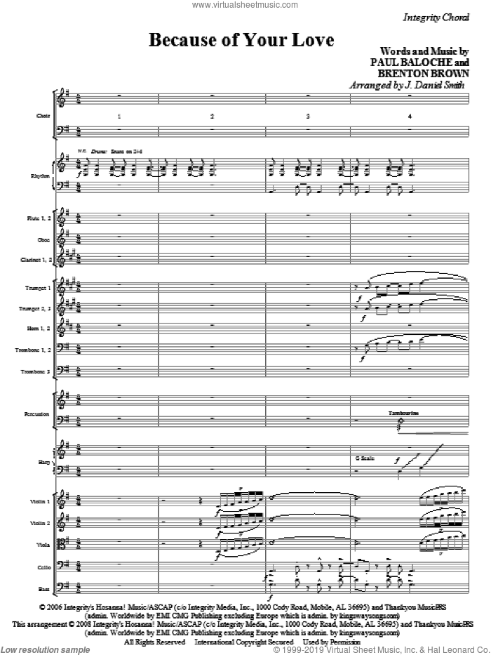 Because Of Your Love (COMPLETE) sheet music for orchestra/band (Orchestra) by Paul Baloche, Brenton Brown and J. Daniel Smith, intermediate skill level