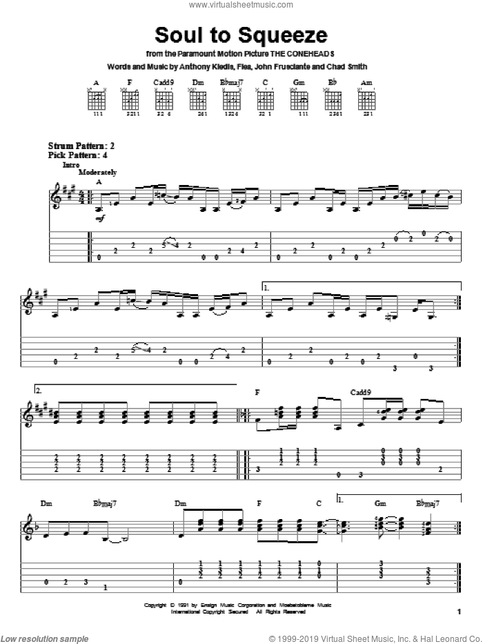 Soul To Squeeze sheet music for guitar solo (easy tablature) by Red Hot Chili Peppers, Anthony Kiedis, Flea and John Frusciante, easy guitar (easy tablature)