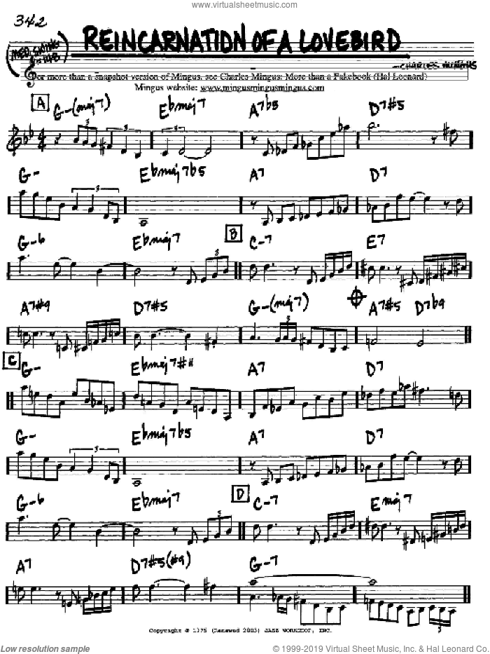 Reincarnation Of A Lovebird sheet music for voice and other instruments (in C) by Charles Mingus, intermediate skill level