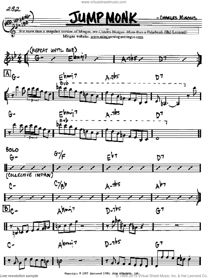 Jump Monk sheet music for voice and other instruments (in Bb) by Charles Mingus, intermediate skill level