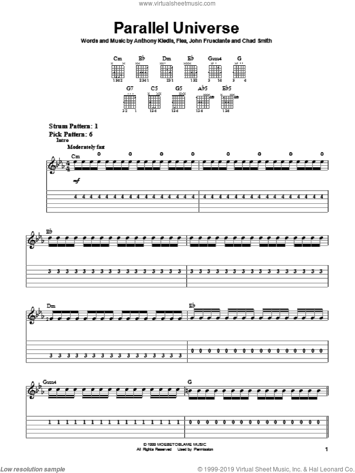 Parallel Universe sheet music for guitar solo (easy tablature) by Red Hot Chili Peppers, Anthony Kiedis, Flea and John Frusciante, easy guitar (easy tablature)
