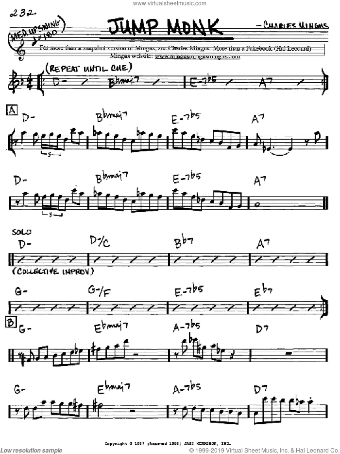 Jump Monk sheet music for voice and other instruments (in Eb) by Charles Mingus, intermediate skill level