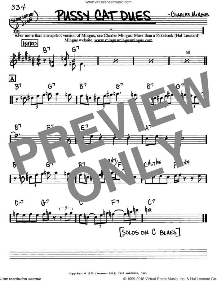 Pussy Cat Dues sheet music for voice and other instruments (in Eb) by Charles Mingus, intermediate skill level