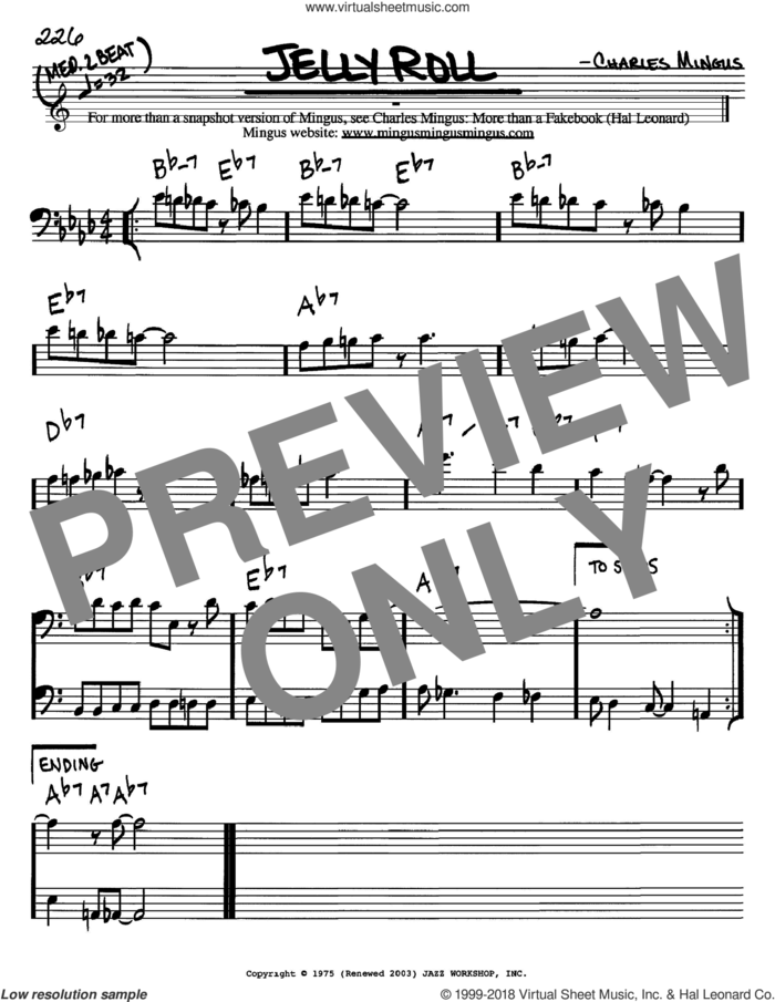 Jelly Roll sheet music for voice and other instruments (bass clef) by Charles Mingus, intermediate skill level