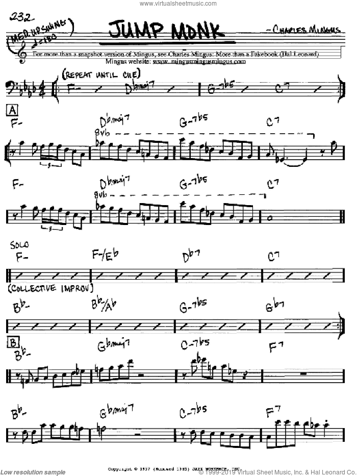 Jump Monk sheet music for voice and other instruments (bass clef) by Charles Mingus, intermediate skill level