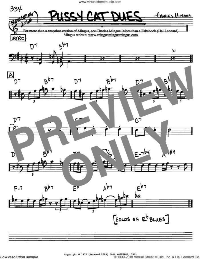 Pussy Cat Dues sheet music for voice and other instruments (bass clef) by Charles Mingus, intermediate skill level