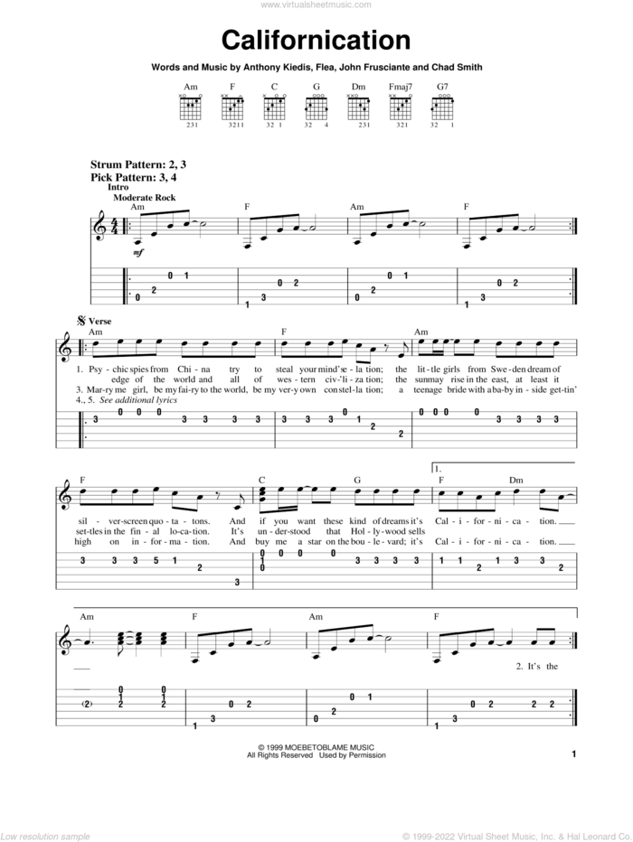 Californication, (easy) sheet music for guitar solo (easy tablature) by Red Hot Chili Peppers, Anthony Kiedis, Flea and John Frusciante, easy guitar (easy tablature)