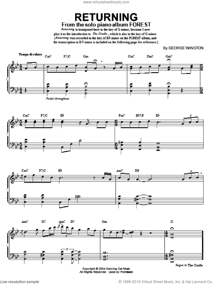 Returning sheet music for piano solo by George Winston, intermediate skill level