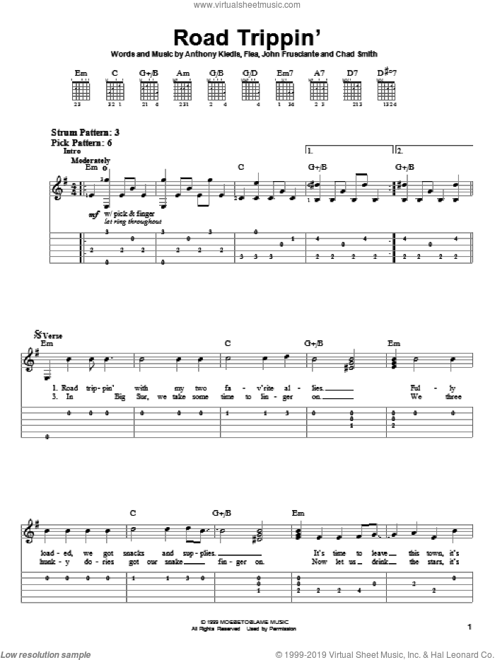 Road Trippin' sheet music for guitar solo (easy tablature) by Red Hot Chili Peppers, Anthony Kiedis, Flea and John Frusciante, easy guitar (easy tablature)